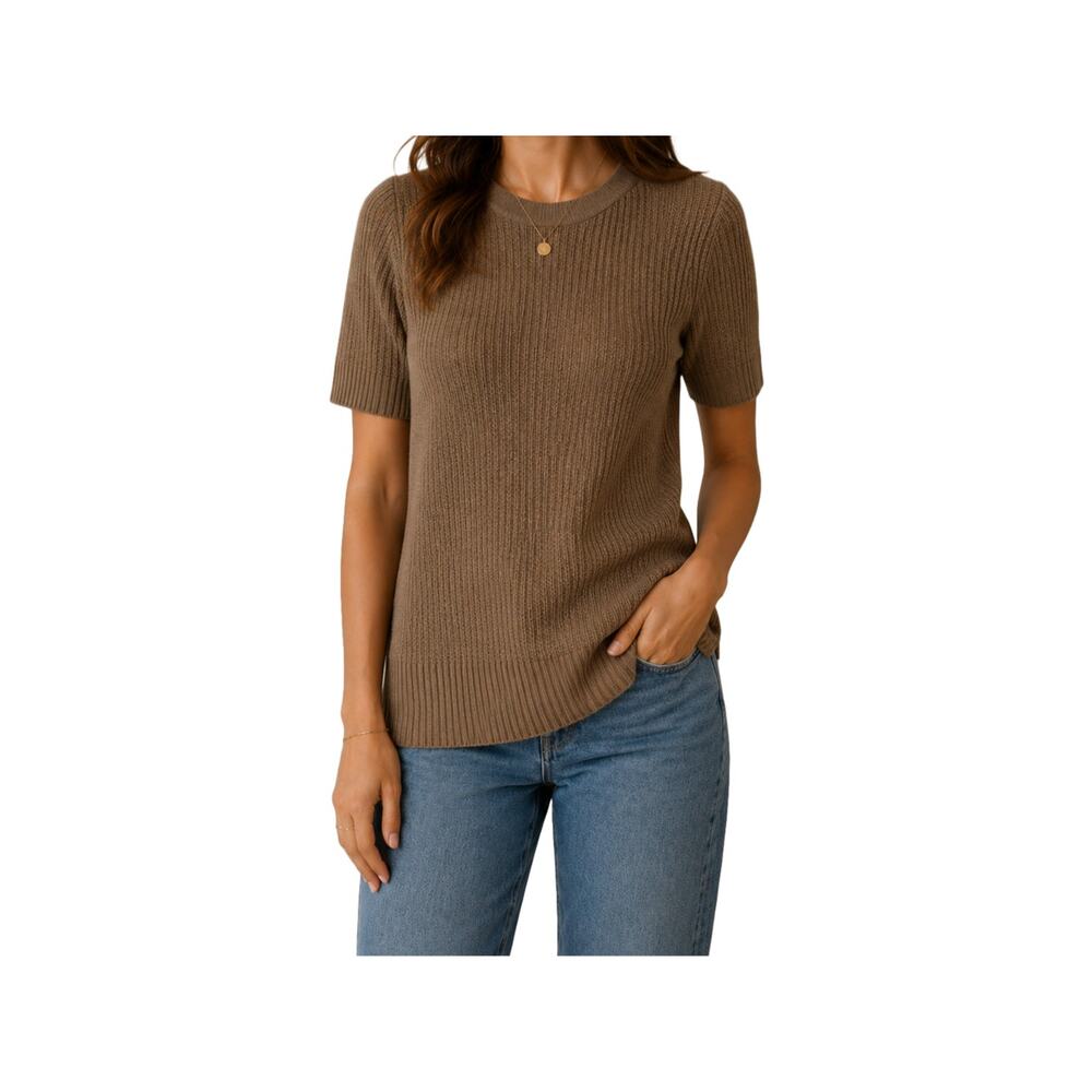 The Limited Caramel Brown Ribbed Knit Sweater Top Short Sleeve Minimalist M